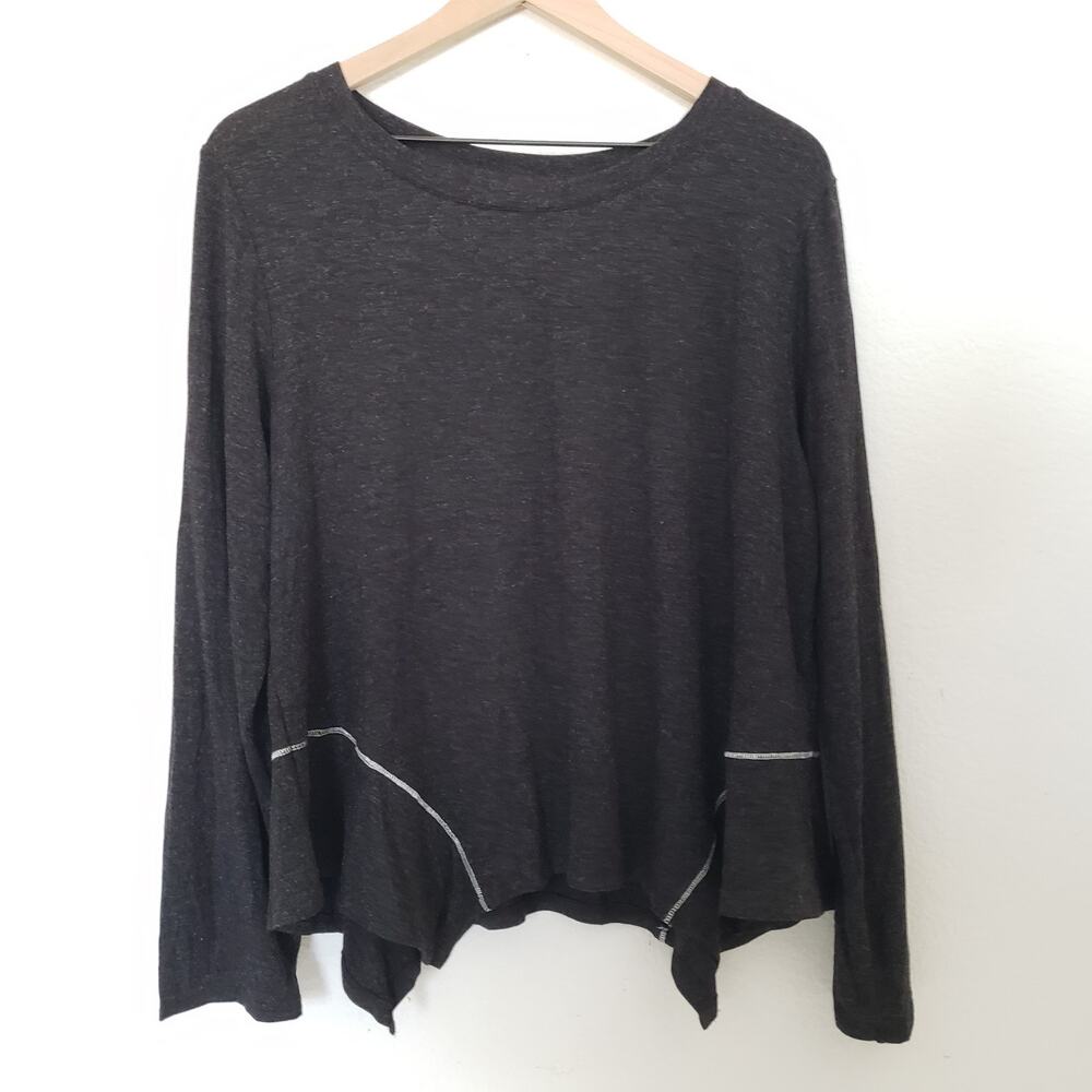 Ellen Tracy Black Women SIZE L Shark Bite Hem Long Sleeve Blouse Top Round Neck